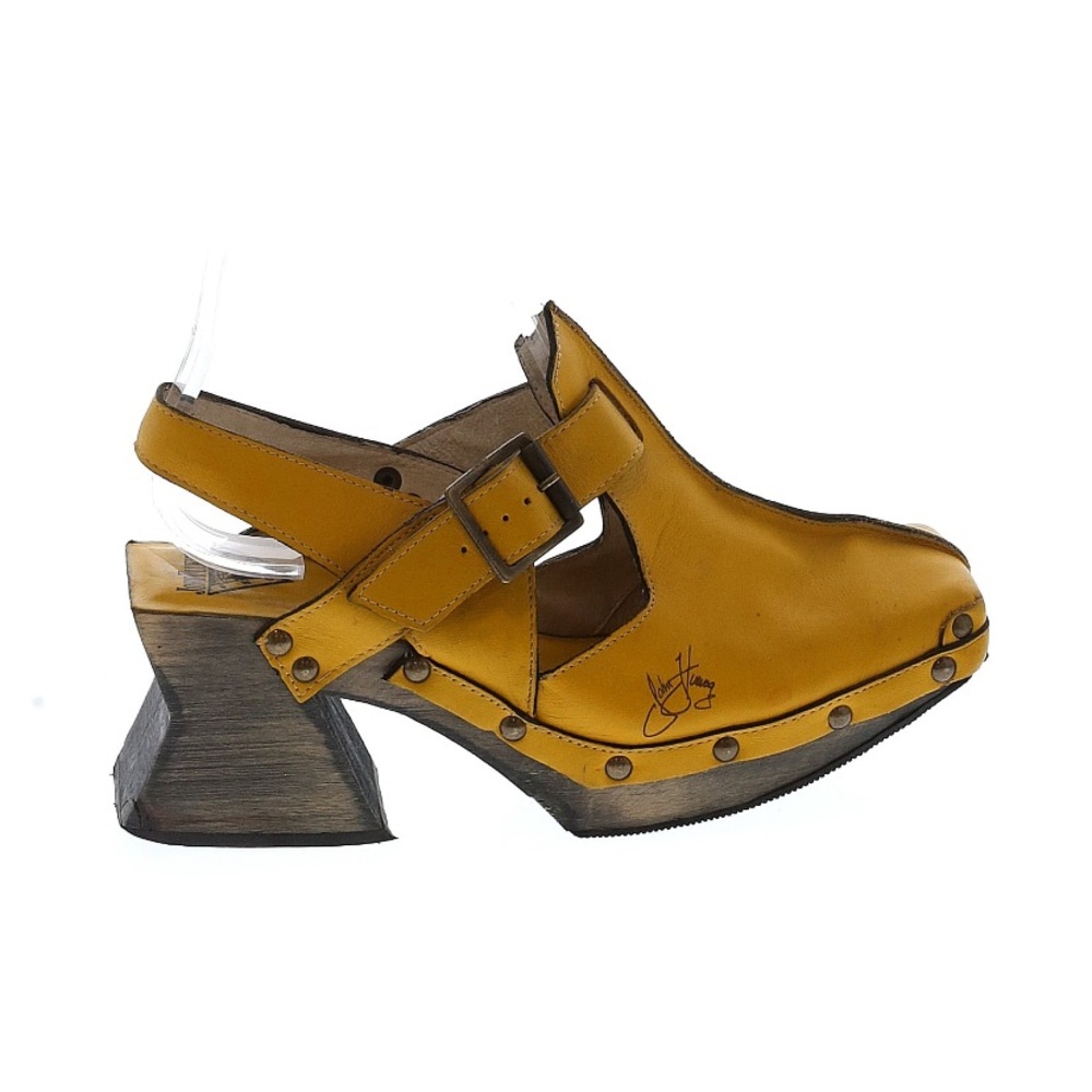 John Fluevog Response Clogs Mango Mustard Yellow Platform Wood Sandals Stud 8